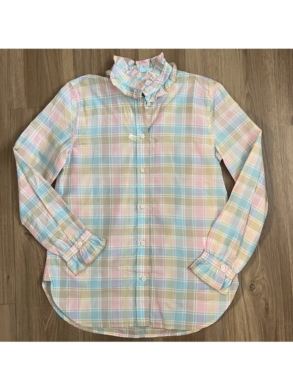 NWT J. Crew Women's Pastel Plaid Ruffle Neck Silk Blend Button Up Top Size S